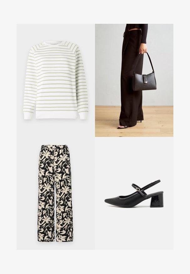 Lichte sweatshirt met groen en witte horizontale strepen, ronde hals, lange mouwen, ribgebreide manchetten en zoom. Gemaakt van zacht materiaal.; Zwarte wijde broek met een crèmekleurig bloemenpatroon. Gemaakt van lichtgewicht stof, met een zachte textuur en een hoge tailleband.; Zwarte gepolijste leren slingback hakken met een spitse neus, een ronde uitsnede en een blokhak. Voorzien van een gouden gespaccent.; Zwarte handtas met gestructureerde vorm, gladde textuur en een metalen sluiting. Gecombineerd met brede zwarte broeken en sandalen met open teen op een houten vloer.