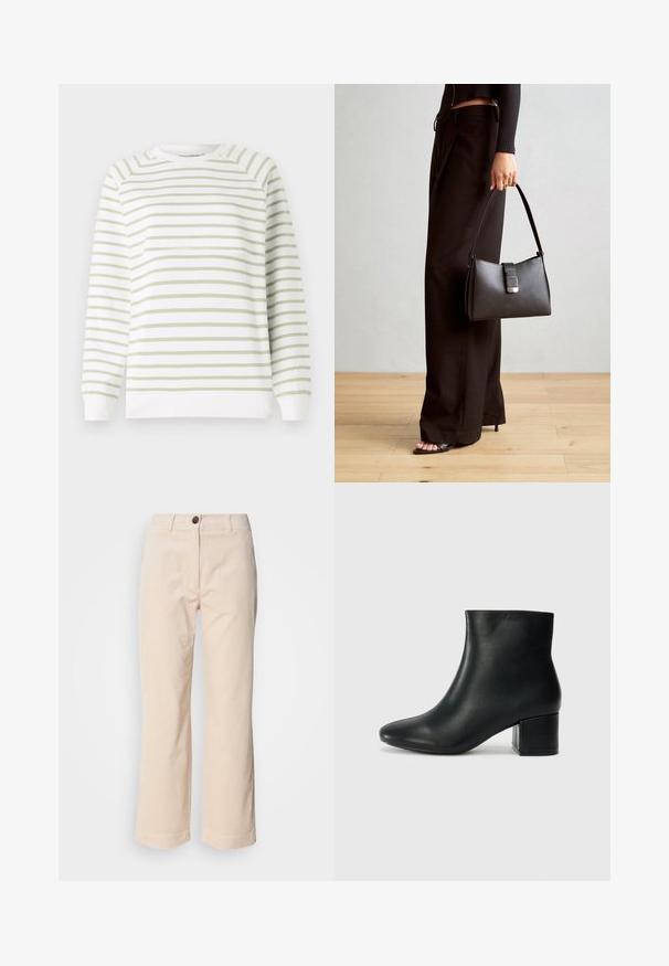 Sweatshirt leve com riscas horizontais verdes e brancas, decote redondo, mangas longas, punhos e bainha canelados. Feito de material suave.; Calças de cotim bege com pernas retas, fecho frontal por botão e bolsos laterais visíveis sobre um fundo branco.; Botas de tornozelo em pele preta com bico pontiagudo e um salto robusto. Textura suave com acentos mínimos e um design ajustado e elegante.; Bolsa preta com forma estruturada, textura suave e um fecho metálico. Combinada com calças largas pretas e sandálias de salto aberto sobre um chão de madeira.