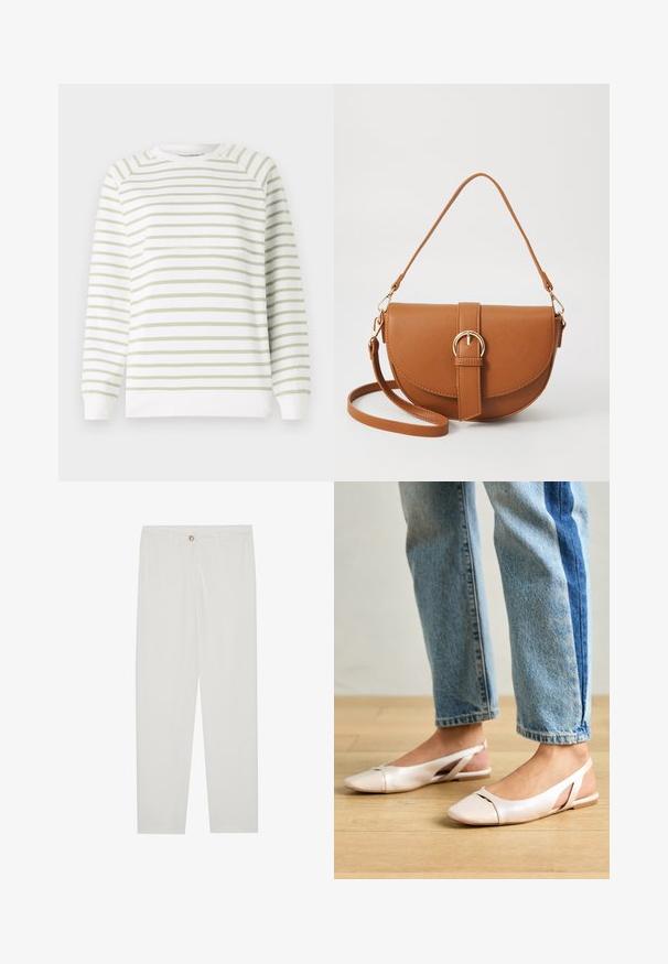 Lahka majica s kapuco z zelenimi in belimi vodoravnimi črtami, okroglo ovratnik, dolge rokave, rebrasti manšeti in rob. Narejena iz mehkega materiala.; Bela, krojena hlače z ravnimi nogami, ki vključujejo gumbasto zapiranje, zanke za pas in stranske žepe; gladka tekstura tkanine.; Svijetloružičaste slingback balerinke s šiljastim nožnim prstima, napravljene od glatkog materijala nalik koži. Imaju izrezane detalje sa strane i ravne pete.; Rjava usnjena torbica prek telesa s ukrivljeno obliko, zlate opreme in sponko. Ima odstranljiv naramni trak.