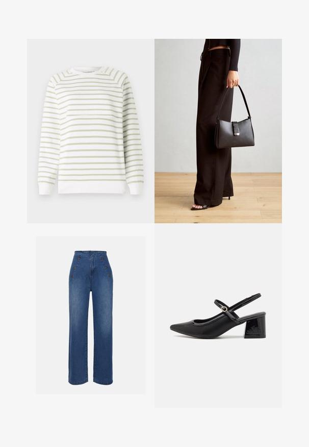Ľahká mikina s horizontálnymi pruhmi v zelenej a bielej farbe, okrúhlym výstrihom, dlhými rukávmi, ribovanými manžetami a lemom. Vyrobená z mäkkého materiálu.; Džíny s vysokým pásom v strednej modrej farbe. Obsahujú predné gombíkové detaily a široký strih nohavíc. Látka má hladkú štruktúru s miernym vyblednutím.; Čierne lakované kožené lodičky so slingback dizajnom, špicatou špičkou, zaobleným výrezom a blokovým podpätkom. Obsahuje akcent zlatého tónu s prackou.; Čierna kabelka so štruktúrovaným tvarom, hladkou textúrou a kovovou sponou. V kombinácii so širokými čiernymi nohavicami a sandálmi s otvorenou špičkou na drevenej podlahe.