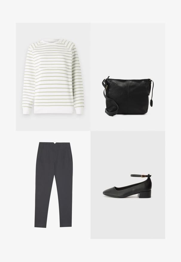 Kerge rakentusega sviiter, millel on rohelised ja valged horisontaalsed triibud, ümmargune kaelus, pikad varrukad, soonikkoes ääred ja hem. Valmistatud pehmest materjalist.; Tumed hallid kitsad püksid küljetaskute ja esikortsudega, loodud kohandatud istuvuse jaoks.; Must mustaapp, millel on terav nina ja madal blokk-kand. Omab pahkluu rihma koos kuldse tooni pandlaga. Sile tekstuur.; Must värvi nahast ristiõlakott, millel on lame kuju, kuldne metallist detailide aktsent ja reguleeritav rihm. Sile tekstuur väheste õmblusdetailidega.