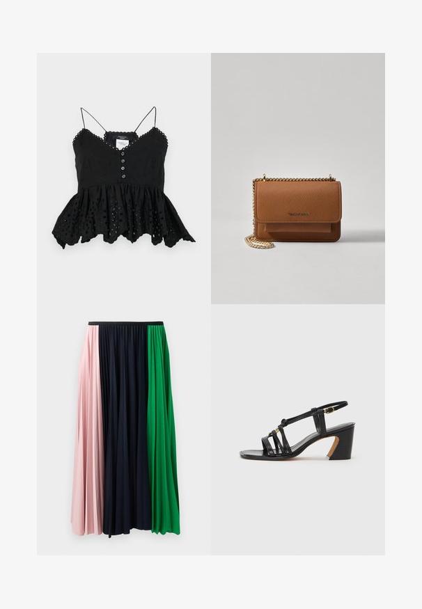 Čierny bezrúchový top s výstrihom do V, predným zapínaním na gombíky a rozšíreným peplum lemom. Obsahuje dekoratívnu výšivku a vlnité okraje.; Skladaná sukňa s panelmi v ružovej, námorníckej a zelenej farbe. Vyrobená z jemnej látky s elastickým pásom pre pohodlné nosenie.; Paul Smith AMIRA - Klasické lodičky na opätku - black; Hnedá textúrovaná kožená taška cez telo s zlatým reťazovým popruhom a preklopným uzáverom. Predná strana obsahuje detail s logom a vrecko pod preklopkou.