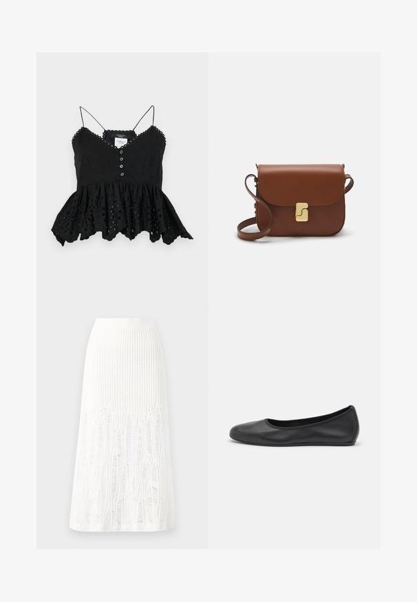 Schwarzes, ärmelloses Oberteil mit V-Ausschnitt, Knopfverschluss und schwingendem Peplum-Saum. Verfügt über dekorative Stickereien und gewellte Kanten.; Gestreifte weiße Midi-Rock aus Strick mit einem strukturierten Muster und Ausschnitten am Saum. Elastischer Bund. Weiches Material.; Schwarze Leder-Ballettschuhe mit abgerundeter Spitze, glatter Textur, minimalen Nähdetails und einem flexiblen Sohlen-Design.; Braune Ledertasche mit Klappenverschluss, Beschlägen in Goldfarbe, einem Schultergurt und einer glatten Oberfläche. Kompakte rechteckige Form.