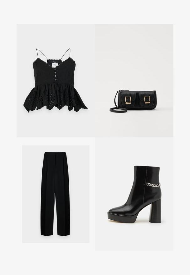 Černý bezramínkový top s výstřihem do V, knoflíkovou přední částí a rozšířeným peplum lemem. Obsahuje dekorativní výšivku a vlnité okraje.; Černé široké kalhoty s vysokým pasem, které mají sklady a hladký povrch. Tkanina vypadá lehce a krásně se splétá.; Černá lakovaná kotníková bota s robustní platformou a vysokým blokovým podpatkem. Na boku má stříbrný řetěz jako akcent. Hladký povrch.; Černá kožená crossbody taška se dvěma předními kapsami, zlatými přezkami, zipovým uzávěrem a štíhlým popruhem. Texturovaný povrch a kompaktní obdélníkový tvar.