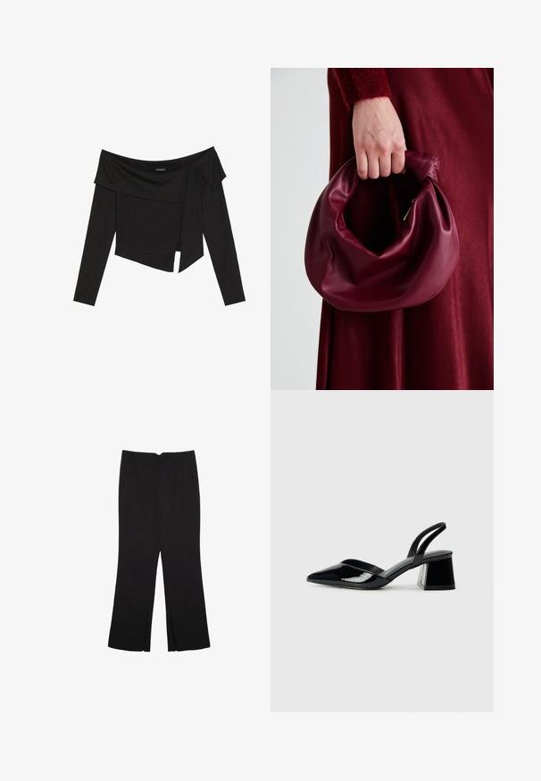 Černý top s odkrytými rameny a dlouhými rukávy, s vrstveným designem a mírně zkráceným lemem. Vyrobeno z žebrovaného materiálu.; Černé kalhoty s rovným střihem, s předními kapsami a bočními rozparky na lemu. Vyrobené z jemné, hladké tkaniny. Vhodné na různé příležitosti.; Černé lakované kožené lodičky na pásku s špičatou špičkou a geometrickým blokovým podpatkem. Vyznačují se elegantním, minimalistickým designem a hladkým povrchem.; Burgundská kožená kabelka s měkkým, nabíraným designem a zaobleným tvarem. Ucho je zajištěné a vykazuje hladkou texturu.