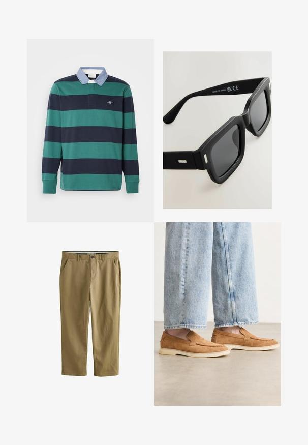 Poloko s dlhými rukávmi v zelenej a námornej horizontálnej pruhovanej úprave, svetlomodrým golierom a malým vyšitým logom na hrudi.; Khaki chinos vyrobené z bavlneného zmesi, s dvoma bočnými vreckami, zapínaním na gombík, rovnými nohavicami a hladkou textúrou.; Hnedé semišové topánky na klínku s nízkym profilom, krémovou podrážkou a detailným prešívaním, spárované so svetlomodrými džínsami.; Čierne obdĺžnikové slnečné okuliare s matným povrchom, tmavými sklami a striebornými akcentmi na spolkách. Majú hrubý dizajn rámu a hladkú textúru.