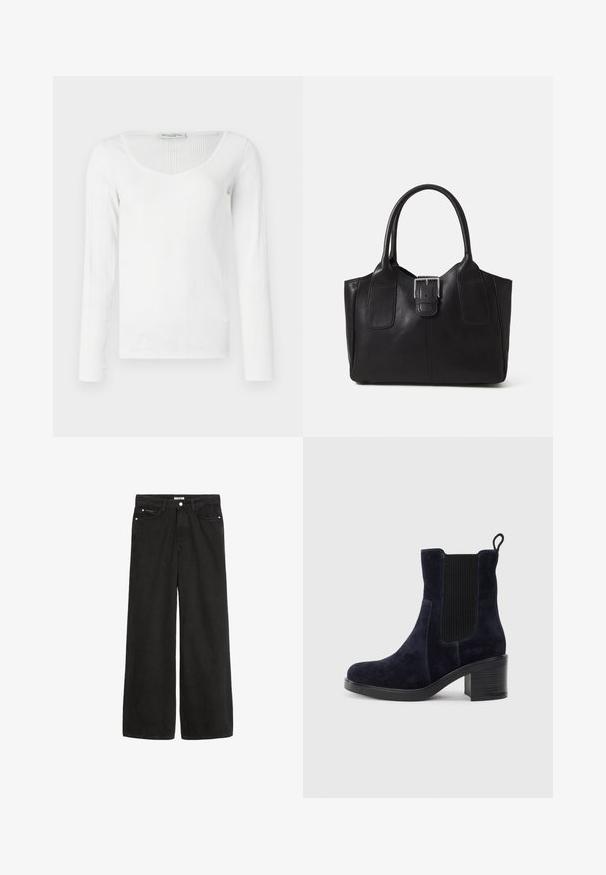 Hvid langærmet top med ribbet tekstur, der har en dyb V-udskæring og tætsiddende design. Fremstillet af et glat, strækbart materiale.; Bredde ben sorte denim jeans med høj talje. Har fem lommer, metalhardware og en ren finish. Teksturen er glat og blød.; Marineblå ruskindsankelstøvle med elastisk sidepanel, rund tå og blokhæl. Struktureret stof og glat sål giver kontrast.; Sort læder tote taske med glat tekstur, struktureret form, to håndtag og en fremtrædende sølvspænde detalje på forsiden.