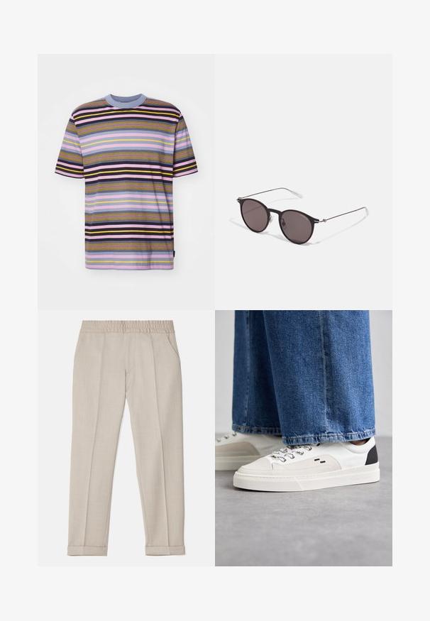 Gestreept T-shirt met korte mouwen, voorzien van horizontale lijnen in paars, zwart, geel en grijs. Ronde halslijn met een lichtblauwe rand. Zachte stof.; Filippa K TERRY CROPPED TROUSERS - Broek - sage melange; Witte en zwarte sneakers met een glad leren bovenwerk, textuuraccenten en een chunky witte zool. Heeft een klassiek vetersluiting ontwerp.; Zwarte ronde zonnebril met donkere lenzen en slanke metalen armen. Inclusief heldere tempelpunten en zilveren accenten bij de scharnier. Minimalistisch ontwerp.