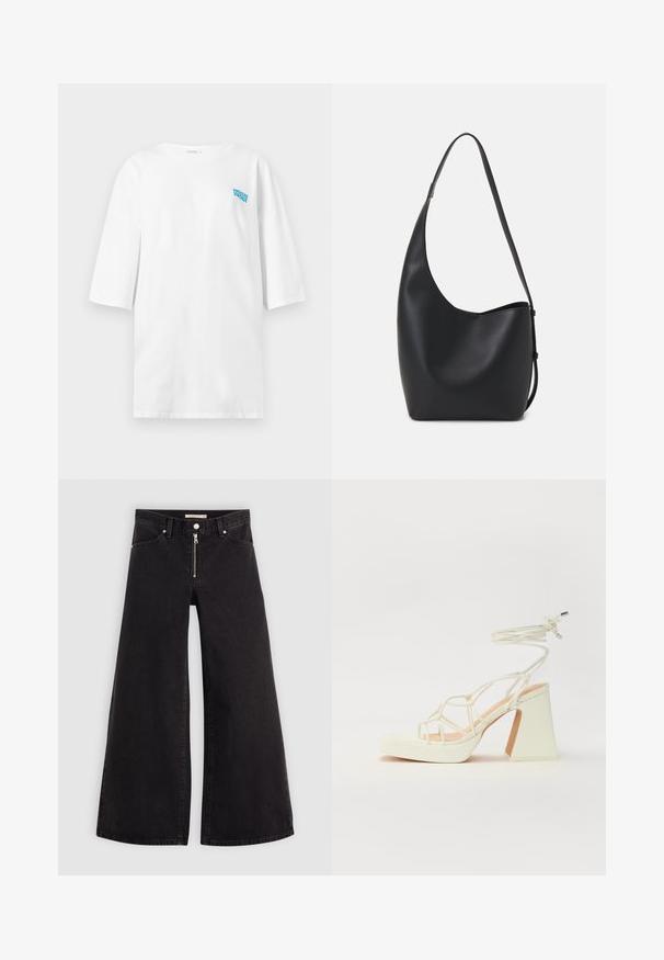 Tricou alb oversized cu mâneci până la jumătate și text mic albastru "American Vintage" pe pieptul stâng.; Jeans cu picioare largi din denim negru, cu fermoar în față, design cu cinci buzunare și detalii subtile de cusătură. Textură netedă și stil casual.; Sandale albe cu toc înalt și gros, cu un design cu curele și legătură la gleznă. Textură netedă, cu o platformă frontală pentru înălțime suplimentară.; Geantă hobo din piele neagră, cu o textură netedă, formă curbată și un singur bretele ajustabil; are o deschidere largă în partea de sus.