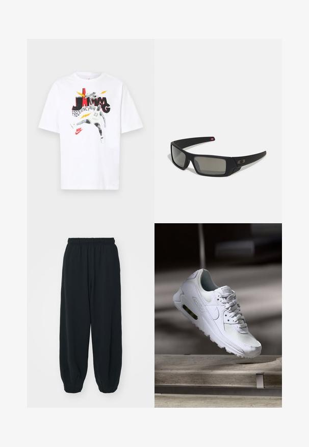 T-shirt de algodão branco com uma gráfica de um jogador de basquete a saltar para fazer um afundanço. O texto inclui "FREQUÊNCIA DE JAM" em negrito vermelho e preto.; Calças de fato de treino pretas, com cintura elástica e um corte solto, com punhos nas pernas, textura suave e sem padrões visíveis ou detalhes de metal.; Sapatilha Nike Air Max 90 branca com parte superior em malha e couro, caixa de dedos perfurada e uma unidade de ar visível no calcanhar.; Óculos de sol pretos com acabamento mate, lentes retangulares, leve curvatura nas hastes, detalhe sutil do logo e lentes de cor fumada.