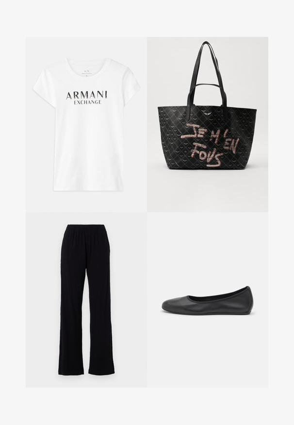 White cotton t-shirt with short sleeves, featuring the printed logo "ARMANI EXCHANGE" in black across the front. Classic crew neck design.; Black, lightweight, elastic waist pants with a straight leg design. Soft texture with no visible patterns or accents. Simple and versatile style.; Black leather ballet flat with a rounded toe, smooth texture, minimal stitching detail, and a flexible sole design.; Black tote bag with textured material featuring a diamond pattern, shoulder straps, and bold red and white text reading “JE M'EN FOUS.”