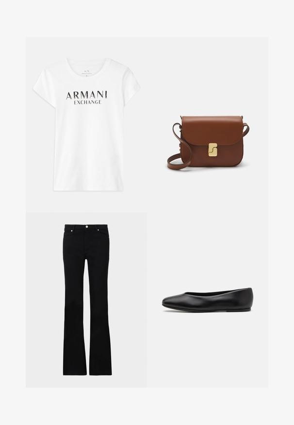 White cotton t-shirt with short sleeves, featuring the printed logo "ARMANI EXCHANGE" in black across the front. Classic crew neck design.; Black flared jeans made of denim, featuring two front pockets, a button closure, and a smooth texture. Signature stitching visible at seams.; Paul Smith TOPANGA - Ballet pumps - black; Brown leather handbag with a flap closure, gold-tone hardware, a shoulder strap, and a smooth texture. Compact rectangular shape.