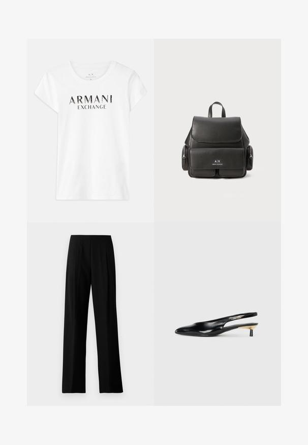 Hvit bomull t-skjorte med kort erm, med det trykte logoen "ARMANI EXCHANGE" i svart over foran. Klassisk rund halsdesign.; Sorte vide benbukser laget av glatt stoff, med flatt liv og frontplisseringer for et skreddersydd utseende. Ingen synlig maskinvare eller mønstre.; Sorte slingback pumps med spiss tå, glanset skinnfinish og en liten hæl med gullakcent. Elegant design med åpen bak.; Svart skinnryggsekk med klafflukkning, frontlomme, sidelommer med glidelås og et håndtak på toppen. Har logo-detaljer på forsiden.