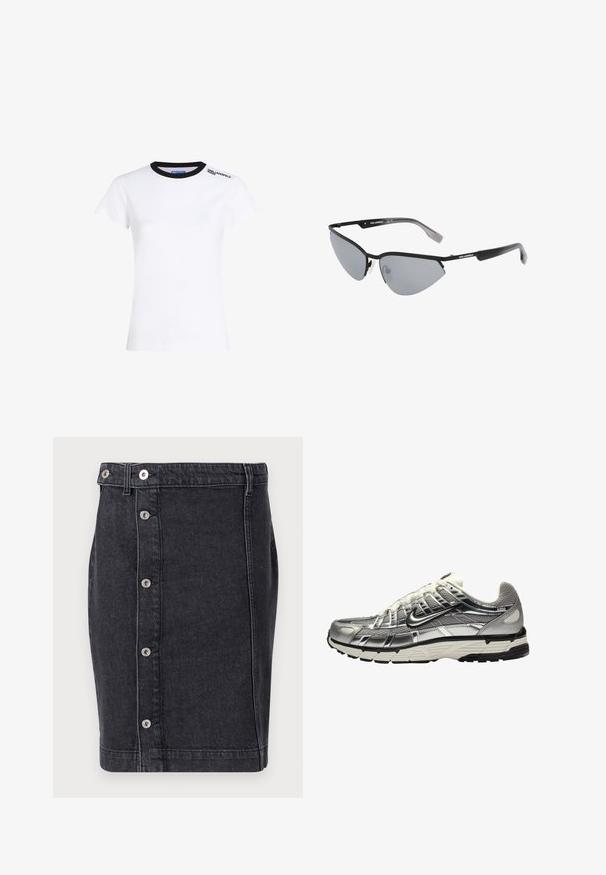 Balta kokvilnas t-krekls ar īsām piedurknēm, melna ribota apkakle un melna teksta logo kreisajā plecā. Klasisks piegriezums, gluda tekstūra.; Tumši džinsu svārki ar taisnu griezumu, sudraba spiedpogu rindas priekšpusē un smalkiem šuvju detaļām gar šuvēm.; Suds un melnas sporta kurpes ar acs un sintētisku augšdaļu, apjomīgs dizains un teksturēta apdare. Iezīmējas ar mīkstinātu apkakli un gumijas zoli.; Melni saulesbrilles ar leņķisku, kaķa acs dizainu. Sudrabaini spoguļojoši objektīvi. Plāni, viegli plastmasas rāmji ar diskrētu zīmola marķējumu uz tempļiem.