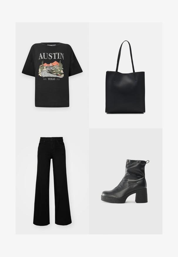 Melna T-kreklu ar īsām piedurknēm un brīvu piegriezumu, ar grafisku dizainu, kurā attēlota ceļa, kalnu un kaktusu ainava. Uzraksts "AUSTIN TEXAS."; Melni plaša kāju bikses, izgatavotas no džinsa, ar strukturētu jostu, jostu cilpiņām un priekšējām kabatām. Gluda tekstūra ar klasisku dizainu.; Melni potītes zābaki, kas izgatavoti no gludas ādas, ar sānu rāvējslēdzēju, masīvu strukturētu papēdi un noapaļotu purngalu.; Melnas ādas somiņa ar gludu tekstūru, taisnstūra formu un divām garām rokturiem. Nav redzamu aparatūras vai rotājumu.