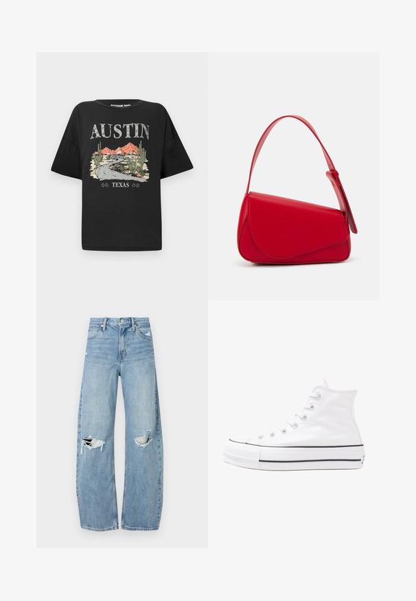 Černé tričko s krátkým rukávem a volným střihem, s grafickým designem silnice, hor a kaktusů. Text zní "AUSTIN TEXAS."; Světle modré džíny s vysokým pasem vyrobené z denimu. Mají široké nohavice, dvě roztržené oblasti na kolenou a klasický pětikapsový střih.; Bílé vysoké plátěné tenisky s černou gumovou podrážkou, přední gumovou špičkou a šesti očky na tkaničky, se čistým, minimalistickým designem.; Červená kožená kabelka s ostrým, geometrickým designem. Má jeden nastavitelný popruh a klopu s prošívanými detaily.