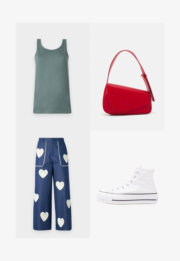 Kerge roheline tank top, valmistatud siledast ja kergest materjalist. Omab ümarat kaelust ja laiad õlavarrege. ; Sister Jane HEART TO HEART - Sirgete säärtega teksad - blue denim; Valge kõrgem kangast tenniseking, millel on must kummist tald, ees kummist varvasetugi ja kuus aukku paelte jaoks, pakkudes puhta ja minimalistliku disaini.; Punane nahast käekott, millel on nurkadega geomeetriline disain. Omab ühte reguleeritavat rihma ja klappidega sulgemist, millel on õmblustega kaunistused.