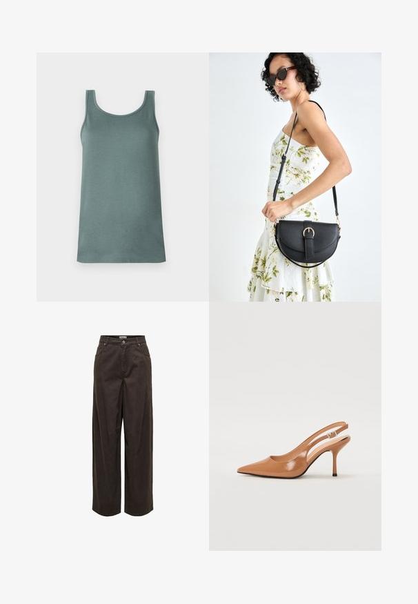 Kerge roheline tank top, valmistatud siledast ja kergest materjalist. Omab ümarat kaelust ja laiad õlavarrege. ; Tumed pruunid laia säärega püksid, valmistatud puuvillast, klassikalise vöökohaga, vetthülgava taljega, viie tasku ja minimalistlike õmblusdetailidega.; Küüntega slingback konts, mis on valmistatud siledast ja läikivast tan värvi materjalist. Omab kaarjat lõigatud disaini ja õhukest stiletto kontsa. Hõbedane pandla detail.; Mustmust mustraha kõverate joontega, eemaldatava rihmaga ja kuldsete detailidega. Kotil on klapp, millel on pandladetail.