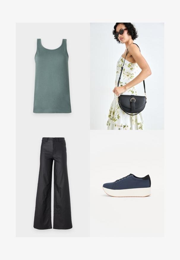 Liemenė muted žalios spalvos, pagaminta iš lygaus, lengvo audinio. Yra su apvalia iškirpte ir plačiomis petnešomis.; Juodos, plačios kelnės iš dirbtinės odos. Yra aukštas liemuo, kilpelės diržui, dvi priekinės kišenės ir siuvinėti detalėmis.; Tamsiai mėlynas sportinis batelis su tekstūruotu audiniu viršuje, baltu platformos padu, apvaliu pirštu ir juodu kulno akcentu.š. Yra šešios skylės raišteliams.; Juodas odinis krepšys su išlenkta forma, nuimamu dirželiu ir auksiniais detalėmis. Krepšys turi kilpą su sagtimi.