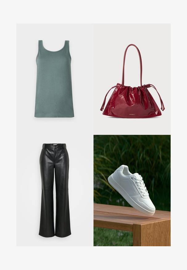 Liemenė muted žalios spalvos, pagaminta iš lygaus, lengvo audinio. Yra su apvalia iškirpte ir plačiomis petnešomis.; ONLY Tall ONLSMOOTH WIDE - Kelnės - black; Balti sneakeriai su lygia sintetine viršutine dalimi, perforuota pirštų zona, plokščiomis raištelėmis ir tekstūruotu padu, padėti ant medinės paviršiaus.; Raudona patentinė odinė rankinė trikampio formos, su surinktu viršumi ir dviem ilgomis rankenomis. Auksinis logotipo akcentas priekyje.