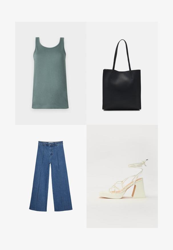 Tank top vaaleasta vihreästä väristä, valmistettu sileästä ja kevyestä kankaasta. Ominaisuuksiin kuuluu pyöreä pääntie ja leveät olkaimet.; Korkeat vyötäröiset, keskisiniset, leveiden lahkeiden denim-farkut, joissa on nappikiinnitys ja kontrastiväriset pystysaumadetaileja edessä.; Valkoinen korkokenkä, jossa on paksu korko, ja joka sisältää nauhakiinnityksen ja nilkkaketjun. Sujuva pinta, jossa on platform-etupohja lisäkorkeutta varten.; Mustapahkainen kangaskassi, jossa on sileä pinta, suorakaiteen muotoinen ja kaksi pitkää kahvaa. Ei näkyvää metalliosaa tai koristeita.