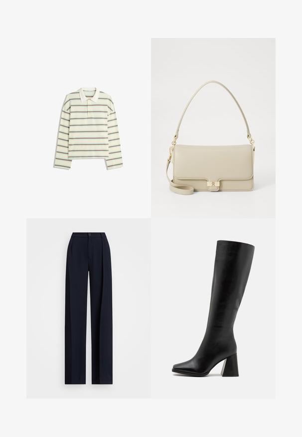 Långärmad pikétröja i krämfärg med horisontella ränder i brunt och ljusblått. Har en klassisk krage och knappslå med tre knappar.; Marina vida byxor med veck, knappstängning och en mjuk tygtextur. Designade för en lös och bekväm passform.; Svart knähög stövel i mjukt läder, med fyrkantig tå och en kraftig, strukturerad klack. Enkel och strömlinjeformad design.; Beige läderhandväska med en strukturerad form, guldfärgad lås och en avtagbar axelrem. Slät textur och minimalistisk design.