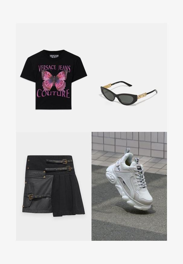 Melna kokvilnas T-kreklā ir liels rozā tauriņa grafiks ar violetiem akcentiem un teksts "VERSACE JEANS COUTURE" treknā, mirdzošā fontā.; Melnā svārku kleita ar ādas akcentiem, sprādzes detaļām un tekstūru maisījumu. Ietver kabatu kreisajā pusē un krokotu dizainu.; Baltas sneakers ar sieta un ādas materiāliem, noapaļota purngala, bieza zole, izteiksmīgas šnīres un zīmols uz papēža un mēles.; Melni kaķa acs saulesbrilles ar tumšiem stikliem, ar zelta ģeometriskajiem akcentiem uz tempļiem un elegantu matētu apdari.