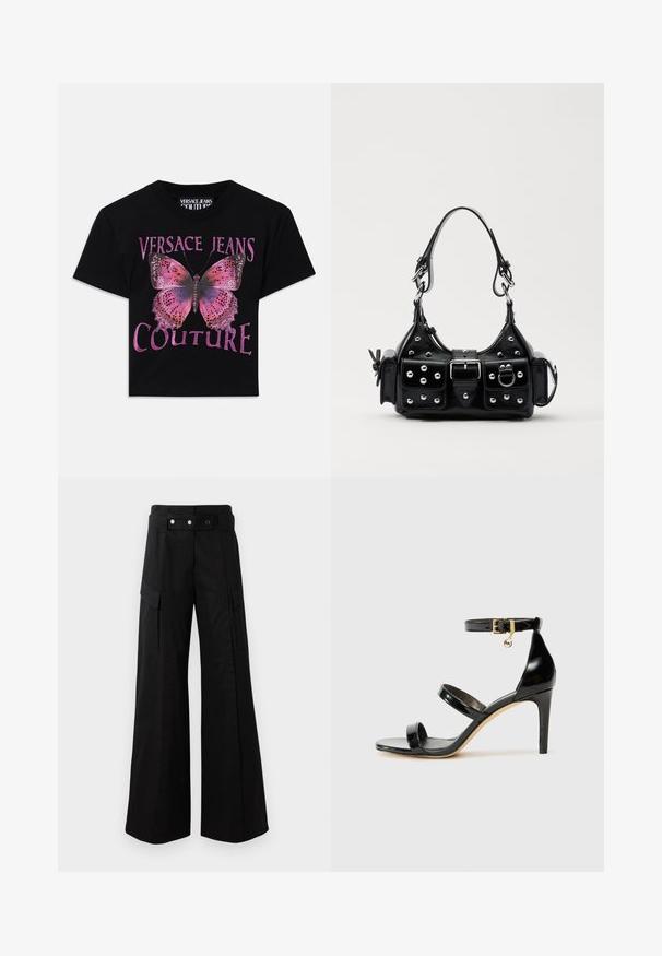 Černé bavlněné tričko s velkým růžovým grafickým motýlem s fialovými akcenty a textem "VERSACE JEANS COUTURE" v tučných, třpytivých písmenech.; Černé kalhoty s širokými nohavicemi a vysokým pasem, které mají velké boční kapsy, dva přední knoflíky a detail v podobě poutka. Vyrobeno z pevné látky.; Černé lakované kožené sandály se třemi pásky, sponou na kotníku a 10 cm jehlovým podpatkem. Obsahují zlaté kovové detaily a logo přívěsek.; Černá kožená kabelka s křivkovým designem, zdobená stříbrnými hřebíky, s přezkou a dvěma bočními kapsami. Nastavitelný popruh pro různé možnosti nošení.