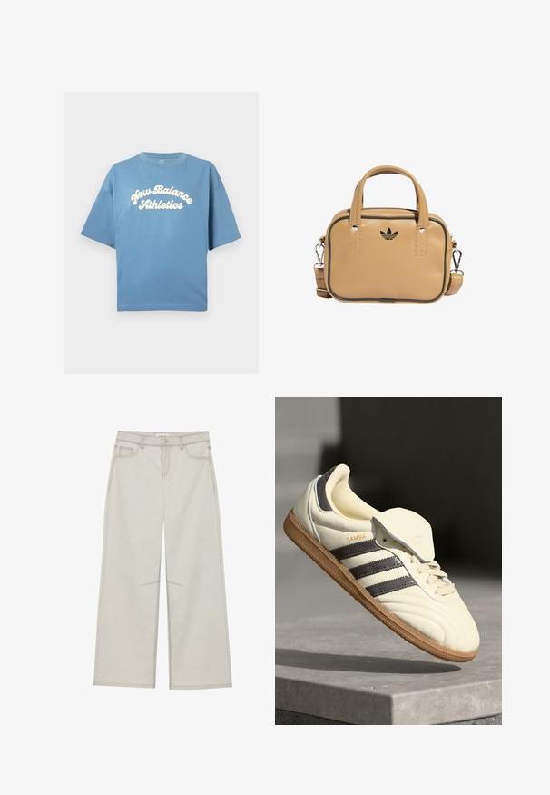 Blauwe katoenen t-shirt met een losse pasvorm, met korte mouwen en een ronde hals. Witte "New Balance Athletics" logo centraal gedrukt.; Lichtgrijze wijde broek met vijf zakken, sluiting met een knoop aan de voorkant en contrasterende stiksels langs de naden. De stof lijkt zacht en duurzaam te zijn.; Crème leren sneaker met drie donkere strepen, een bruine gumrubberen zool en een ronde neus. Voorzien van een opvouwbare tong met het label "SAMBA."; Bruine vegan leren tas met twee handgrepen, een afneembare schouderriem, zwarte accentstiksels en een klein zwart logo aan de voorkant.