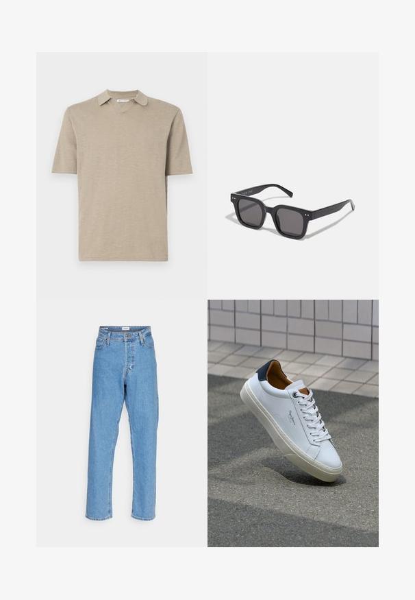 Béžové polokošele s krátkym rukávom, V-výstrihom a golierom. Mäkka textúra, jednoduchý dizajn a rovný strih na spodnej časti, vhodné na každodenné nosenie.; Svetlomodré vysoké rovné džínsy so zapínaním na gombík a zips, pútka na opasok a dizajn s piatimi vreckami na bielom pozadí.; Biele kožené tenisky s námorníckym opätkom, okrúhlou špičkou a kontrastnými hnedými akcentami. Majú ploché šnúrky a textúrovanú gumovú podrážku.; Čierne obdĺžnikové slnečné okuliare s tmavými sklami, s hrubým rámom, jemnými akcentmi na stranách a bez viditeľných log, okrem názvu značky.; Strieborné nerezové hodinky s kremíkovým strojčekom a čiernym obdĺžnikovým ciferníkom, vybavené analógovými ručičkami, digitálnym displejom a označením vodoodolnosti.