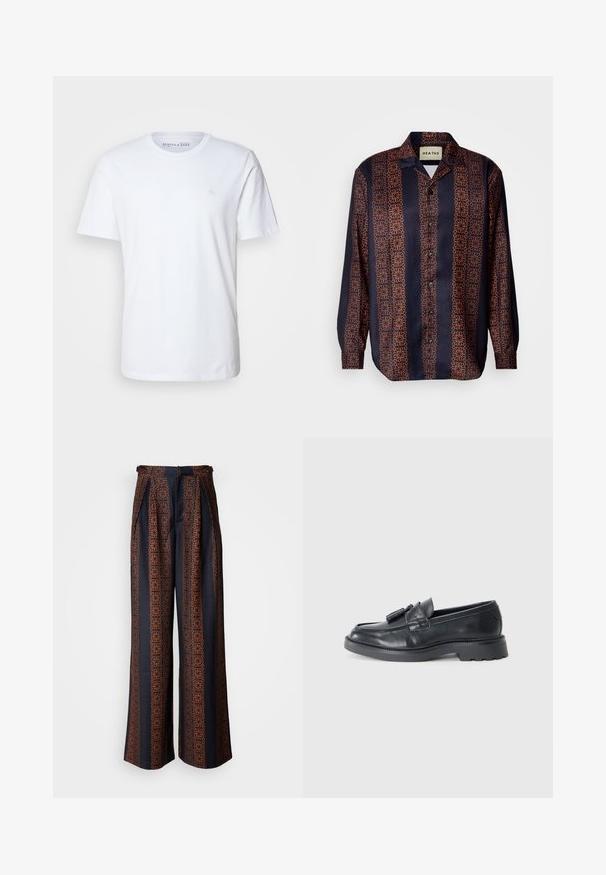 Biała koszulka z krótkim rękawem wykonana z bawełny. Posiada okrągły dekolt oraz małe haftowane logo po lewej stronie klatki piersiowej.; Granatowa koszula zapinana na guziki z kwiatowym geometrycznym wzorem w odcieniach pomarańczy. Posiada kołnierzyk oraz długie rękawy z mankietami zapinanymi na guziki.; Szerokie spodnie w ciemnoniebieskim kolorze, z misternym pomarańczowym geometrycznym wzorem, z plisowanym przodem i dopasowaną talią.; Czarne skórzane mokasyny z zaokrąglonym noskiem, paskiem z frędzlami oraz masywną podeszwą z bieżnikiem. Gładka tekstura i klasyczny design.