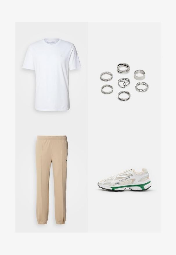 Short-sleeve white t-shirt made of cotton. Features a crew neckline and a small embroidered logo on the left chest area.; Lacoste Tracksuit bottoms - viennese; White sneaker with green accent and black rubber sole. Features mesh and synthetic panels, with a textured finish and visible stitching.; Set of seven silver rings featuring various designs, including twisted, linked, and engraved patterns. Different shapes and widths.