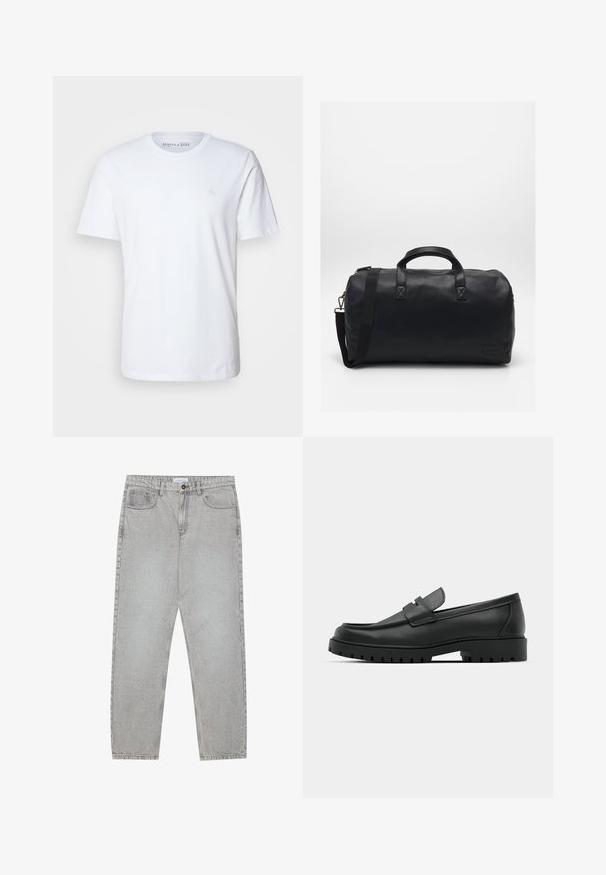 Kurzes, weißes T-Shirt aus Baumwolle. Mit Rundhalsausschnitt und einem kleinen gestickten Logo im linken Brustbereich.; Helle graue Jeanshose mit gerade geschnittenem Design, Fünf-Taschen-Stil und Knopfverschluss. Sichtbare Nähte entlang der Seitennähte.; Schwarze Lederloafer mit runder Zehenform, ausgestattet mit einem gesteppten Design, niedrigem Plattformsohle und einer strukturierten, genoppten Gummisohle.; Schwarze Duffel-Tasche aus strukturiertem Kunstmaterial. Verfügt über zwei Griffe und einen verstellbaren Schultergurt. Einfaches Design ohne sichtbare Muster.
