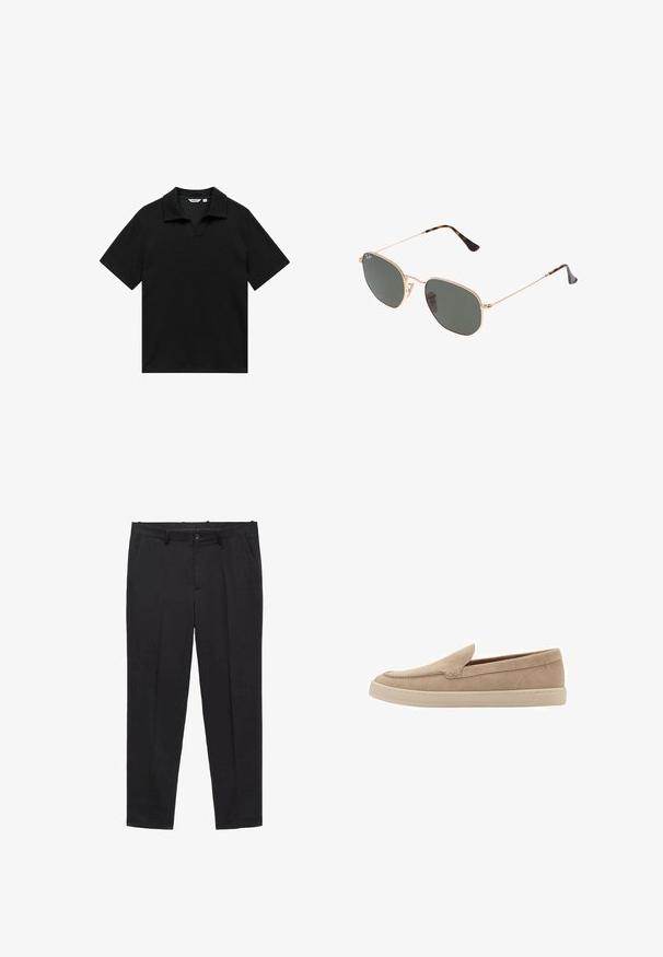 Svart polo-tröja i strukturerad tyg, med v-ringning, platt krage och korta ärmar. Enkelt, enfärgat design utan mönster.; Svarta skräddarsydda byxor i slätt tyg, med slät front, bältesöglor och sidofickor. Rakt snitt på benen.; Beige mockasins i mockaimitation med rund tå och sydda detaljer. Ljus gummisula med låg profil.; Guldmetallramda solglasögon med mörkgröna linser, pilotstil, med smala armfästen och sköldpaddsmönstra detaljer på spetsarna.