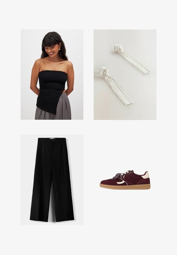 NA-KD - Top; Biała koszula zapinana na guziki, wykonana z gładkiego materiału, z kołnierzykiem, długimi rękawami i luźnym krojem, zestawiona z fakturowanymi, jasnymi spodniami.; Czarne spodnie szerokie, wykonane z lekkiego materiału, z zapięciem na guzik z przodu i gładkim przodem, z starannie wykończonymi brzegami.; Burgundowe zamszowe sneakersy z białymi akcentami, teksturowanym wykończeniem, grubą gumową podeszwą oraz wzorzystymi sznurowadłami zapewniającymi pewne dopasowanie.; Srebrne kolczyki z frędzlami mają skomplikowany wzór z koralików, z opadającymi nitkami cienkiego łańcuszka i zawiązanym akcentem na górze.