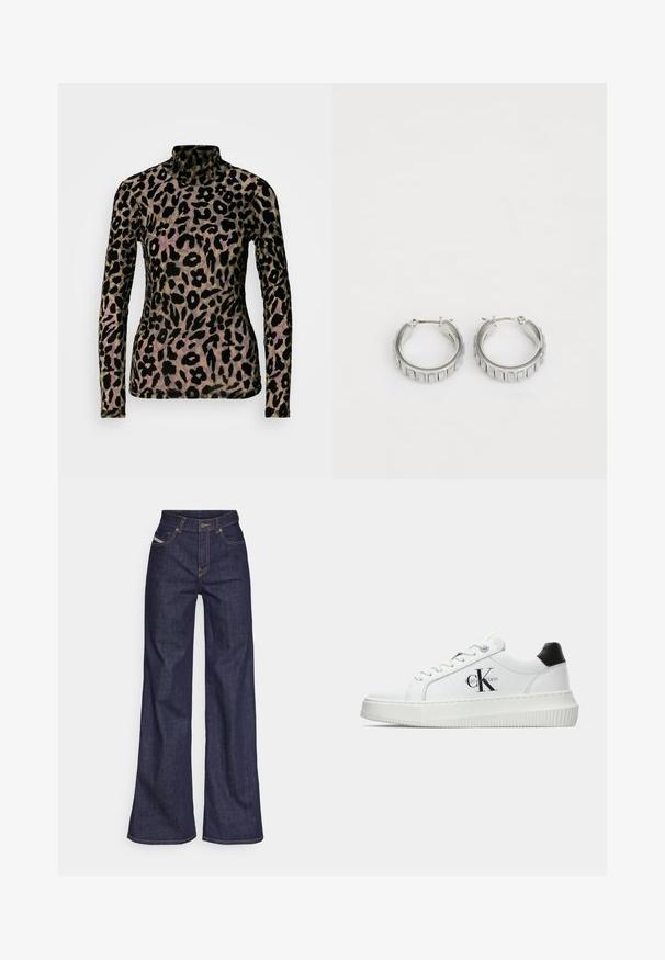 Dolg rokav s potiskom leoparda v črni in rjavi barvi, izdelan iz mehke, teksturirane tkanine. Ima visok ovratnik in prilegajoč silhuet.; Temno modri široki kavbojke iz denima z visokim pasom, ki imajo oranžne šive, pet žepov in gumba za zapiranje.; Bele nizke superge z črnim hrbtnim delom, platformo, vezalkami in Calvin Klein "CK" logotipom na strani.; Srebrni obroči s teksturiranim dizajnom, ki vsebuje navpične rebraste vzorce. Krožna oblika z varnim zapiranjem na zaponko. Gladek zaključek.