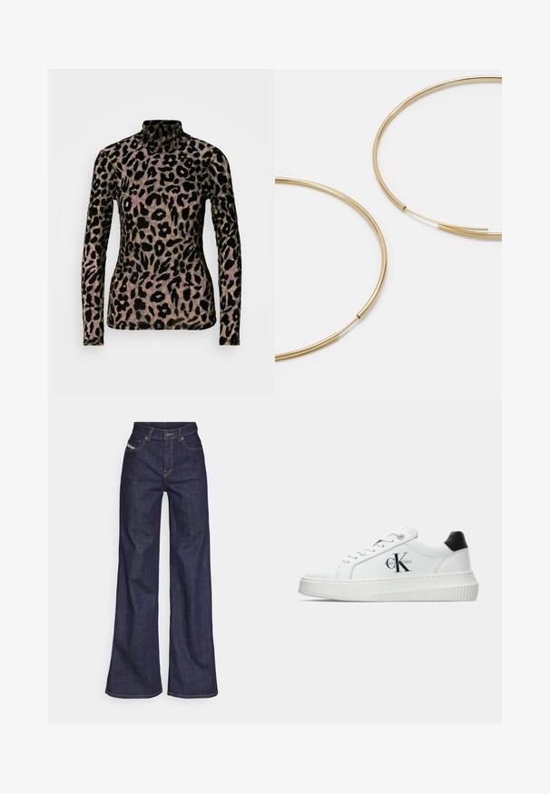 Leopard print long sleeve top in black and tan, made from a soft, textured fabric. Features a high neckline and fitted silhouette.; Dark blue wide-leg jeans in denim fabric with a high waist, featuring orange stitching, five-pocket design, and a button closure.; White low-top sneaker with black heel tab, platform sole, laces, and Calvin Klein "CK" logo on the side.; Gold-colored hoop earrings, thin and round in shape, with a smooth metallic finish and no embellishments or patterns.