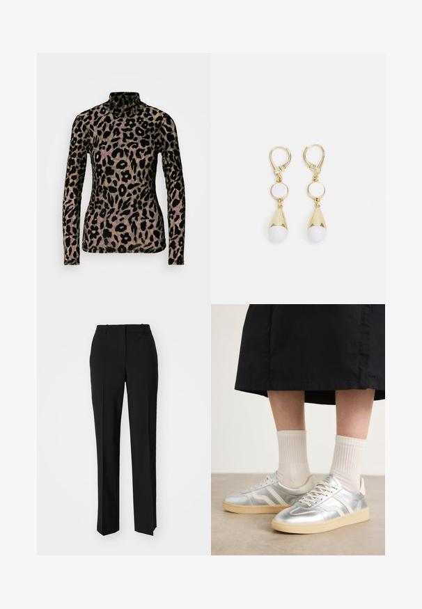 Leopardenmuster Langarmtop in Schwarz und Beige, hergestellt aus einem weichen, strukturierten Stoff. Mit hohem Hals und taillierter Silhouette.; Schwarze, taillierte Hose mit geradem Bein, aus einem glatten Stoff und mit klaren Falten an der Vorderseite. Keine sichtbare Hardware.; Silberne synthetische Turnschuhe mit weißen Streifen, cremefarbener Sohle und strukturiertem Material; kombiniert mit hellen gerippten Socken und einem schwarzen Rock.; Goldfarbene Ohrhänger mit einem kreisförmigen weißen Stecker und einer tropfenförmigen weißen Perle mit einem verjüngten goldenen Akzent.