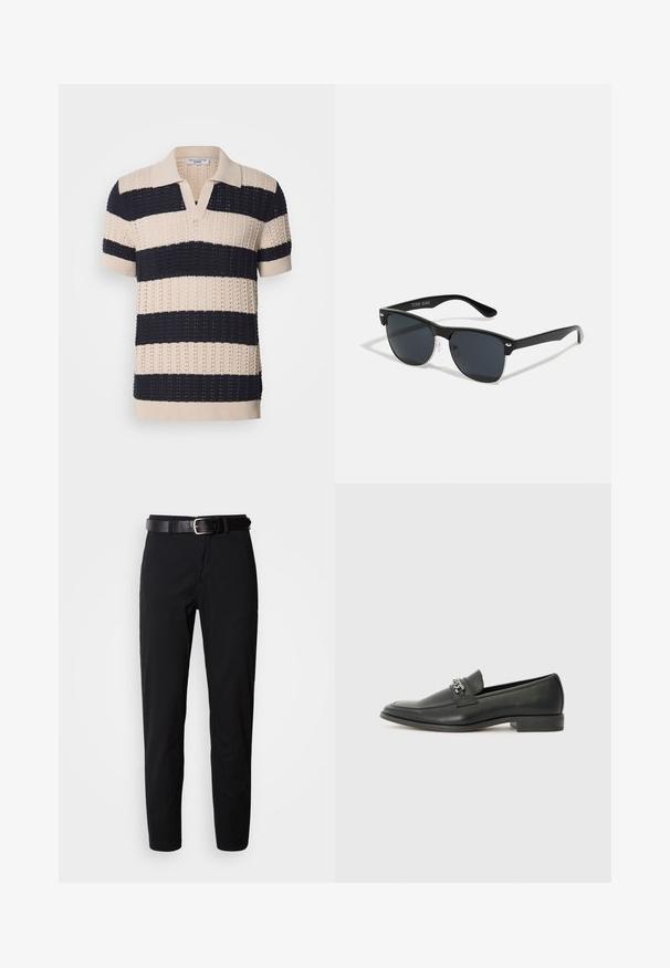 Šviesiai rudos ir tamsiai mėlynos juostelėmis megzta polo marškinėliai trumpomis rankovėmis, su v-kaklu, tekstūruotu raštu ir banguotais rankogaliais bei apvadu.; Juodi kelnių modeliai su tiesiu kirpimu, turintys lygų paviršių ir juodas odinis diržas su sidabriniu sagtimi. Paprastas dizainas, be raštų ar akcentų.; Juodos odinės loafer tipo bateliai su lygiu paviršiumi, turintys siuvinėtą dizainą ir dekoratyvų metalo grandinėlės akcentą ant batų viršaus. Plokščias kulnas.; Juodos saulės akinių su stačiakampiu rėmeliu, tamsiais lęšiais, sidabrinėmis detalėmis šventrajose ir matinio paviršiaus rėmeliu.