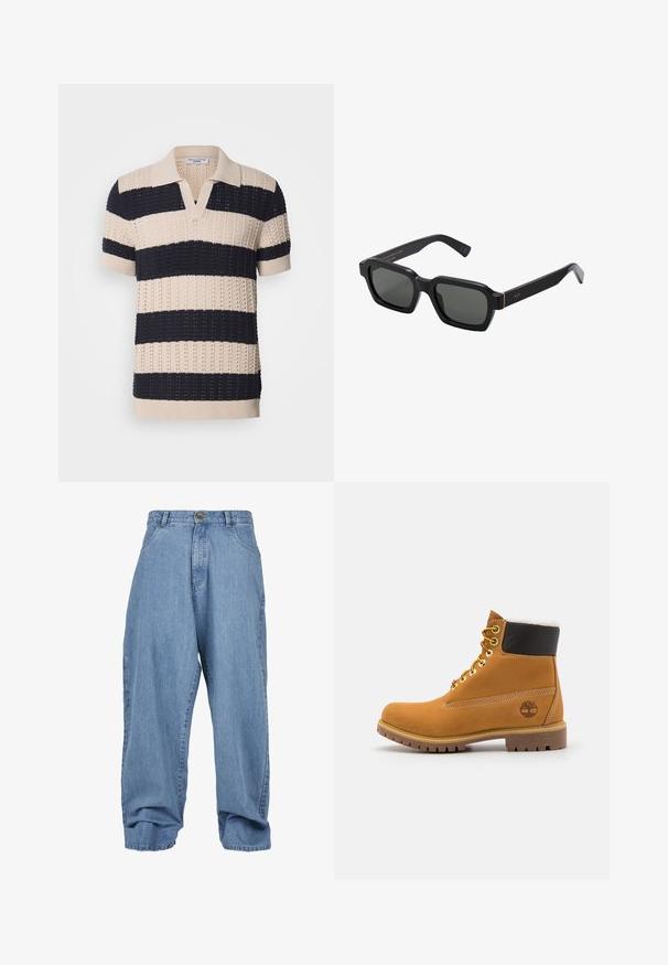 Pánský polo triko s krátkým rukávem v béžovo-námornických pruzích, se vzorem s texturou, vlezným výstřihem a žebrovanými manžetami a lemem.; Světle modré džíny s volným střihem, zapínáním na knoflíky, předními kapsami a ohrnutým lemem, s klasickým designem pěti kapes.; Hnědá kožená kotníková bota s kovovými očka, bílou kožešinovou podšívkou, černým polstrovaným límcem, robustní podrážkou a raženým logem na boku.; Černé sluneční brýle čtvercového tvaru s šedými skly. Hrubé plastové obruby mají zlaté akcenty a branding na straně. Hladký povrch.