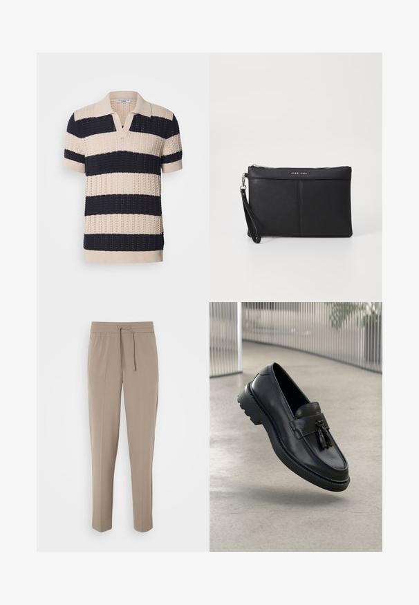 Koszulka polo z krótkim rękawem w beżowo-granatowe paski, z dekoltem w kształcie litery V, fakturowanym wzorem oraz ściągaczami przy rękawach i u dołu.; Jasno beżowe spodnie z elastycznym pasem, regulowanym sznurkiem i zwężanymi nogawkami. Materiał wydaje się gładki z delikatnym połyskiem.; Czarne skórzane mokasyny o gładkim wykończeniu, z dekoracyjnym chwostem, grubą gumową podeszwą i przeszyciami. Lekka i elegancka konstrukcja.; Czarna syntetyczna kopertówka z zamkiem błyskawicznym, paskiem na nadgarstek i gładką teksturą. Posiada subtelne szwy oraz wytłoczone logo z przodu.