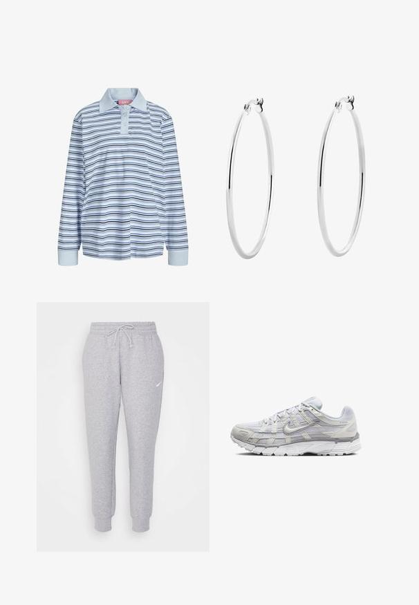 Šviesiai mėlynos spalvos ilgomis rankovėmis polo marškiniai su tamsiai mėlynomis ir baltomis horizontaliomis juostomis. Pabrėžiama kontrastinga apykaklė ir trys mygtukai ant prisisegimo.; Šviesiai pilkos sportinės kelnės su raišteliais liemeniui, siaurėjančiomis kojomis ir maža balta logotipu kairiajame šlaunyje. Pagamintos iš minkštos, tekstūrizuotos medžiagos.; Šviesiai pilki sportiniai batai su tinkline ir sintetine viršutine dalimi, turintys raištelių užsegimą, paminkštintą apykaklę ir tekstūruotą padą geresnei sukibimo kokybei.; Sidabriniai lankelio formos auskarai su lygiu, poliruotu paviršiumi ir vientisu dizainu, kuriuose yra apvalūs kraštai ir saugi užsegimas.