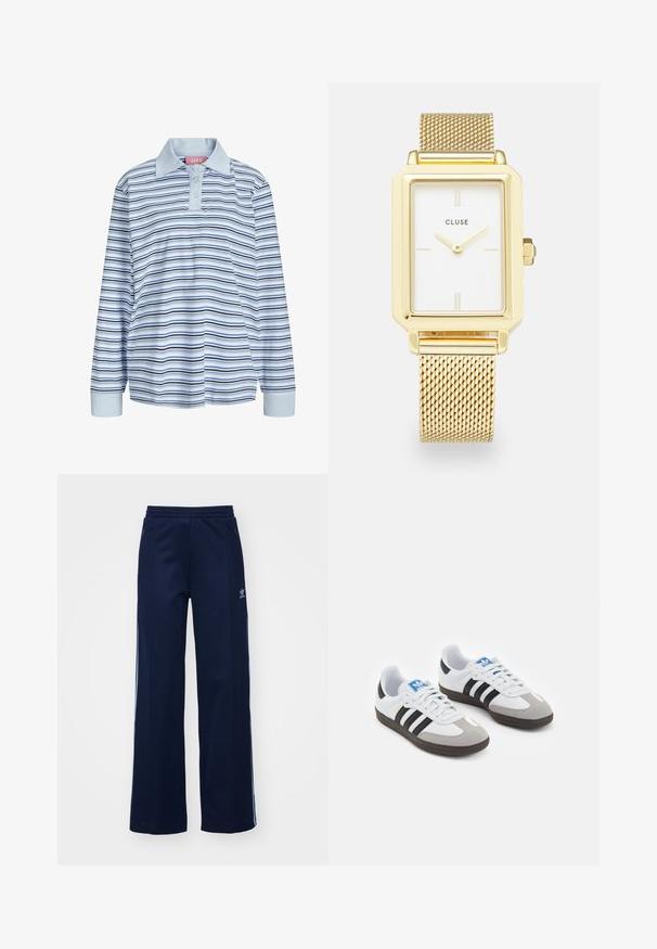 Hosszú ujjú pólóing világoskék színben, tengerészkék és fehér vízszintes csíkokkal. Kontrasztos gallérral és három gombos záródással rendelkezik.; Tengerészkék pamut keverék sportnadrág széles lábakkal, gumis derékkal és cipzáros zsebekkel, fehér oldalsávokkal és logóval díszítve.; Fehér bőr felsőrészes sportcipő, szürke velúrból készült orral és három fekete csíkkal. Jellemzője a kék logó a nyelvén és egy texturált gumitalp.; Arany téglalap alakú óra fehér számlappal, minimalista órák jelölőkkel és fém hálós szíjjal. Oldalsó korona található az idő beállításához.
