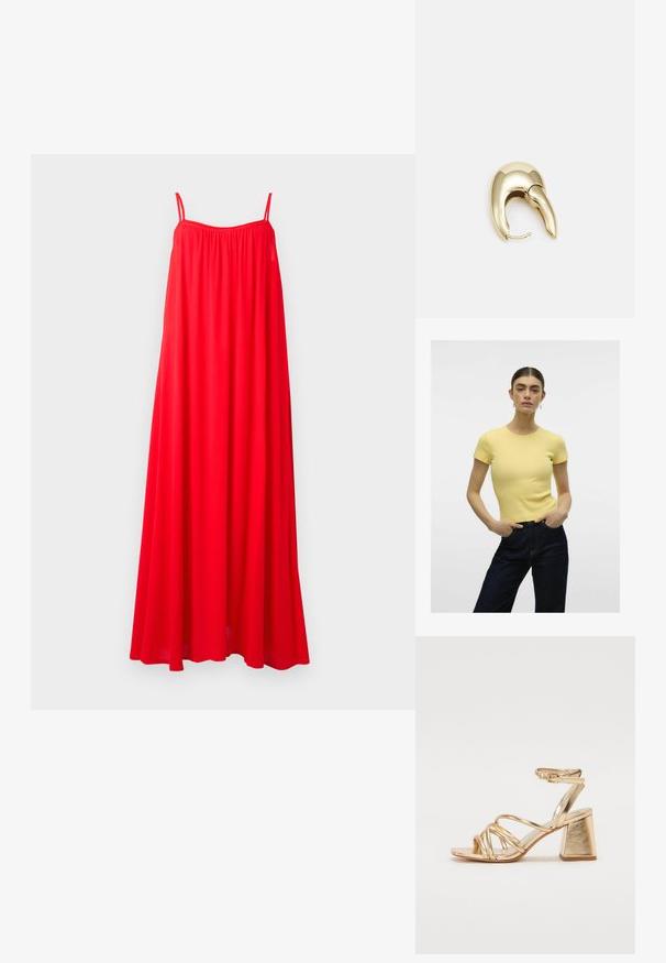 Yellow ribbed t-shirt with short sleeves and a round neckline, paired with dark denim jeans. Simple design, smooth texture.; Red maxi dress with thin spaghetti straps, a loose fit, and a gathered neckline. The fabric appears light and flowy, suitable for warm weather.; Gold metallic heeled sandals featuring a strappy design, square block heel, and adjustable ankle strap with a buckle. Smooth texture.; White rectangular clutch bag made of glossy material, featuring a silver chain strap. Model poses, showcasing the bag against a plain background.; Gold-tone metal earring with a sleek, curved design. Features a distinctive pointed shape, polished surface, and hinge closure.