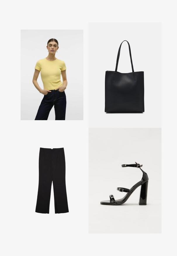 Gelbes geripptes T-Shirt mit kurzen Ärmeln und Rundhalsausschnitt, kombiniert mit dunklen Jeans. Einfaches Design, glatte Textur.; Schwarze Hose mit geradem Schnitt, ausgestattet mit Fronttaschen und Seitenschlitzen am Saum. Hergestellt aus weichem, glattem Stoff. Geeignet für verschiedene Anlässe.; Schwarze patentierte Sandalen mit Absatz, quadratischer Spitze, Knöchelriemen und silbernen Schnallen. Mit einem stabilen Blockabsatz für mehr Stabilität.; Schwarze Laptoptasche aus Leder mit glatter Textur, rechteckiger Form und zwei langen Griffen. Keine sichtbaren Beschläge oder Verzierungen.