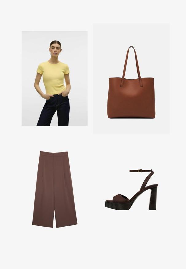 Gelbes geripptes T-Shirt mit kurzen Ärmeln und Rundhalsausschnitt, kombiniert mit dunklen Jeans. Einfaches Design, glatte Textur.; Braune Weite-Leg-Hosen mit einer glatten Textur, hoher Taille und Vorderfalten. Der Stoff ist leicht und fällt locker.; Braune Wildleder-Pumps mit offenem Zeh, verstellbarem Knöchelriemen und gestreiftem Plateausohlen.; Braune Leder-Tote mit glatter Textur, offenem Oberteil und zwei Schulterriemen. Verfügt über minimale Nähte und keine sichtbaren Beschläge.