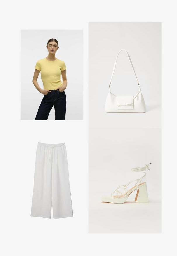 Żółta koszulka z krótkim rękawem i okrągłym dekoltem, zestawiona z ciemnoniebieskimi dżinsami. Prosty krój, gładka faktura.; Białe szerokie spodnie wykonane z lekkiego materiału, z elastyczną talią i sznurkiem do regulacji fasonu. Gładka tekstura.; Biała sandał na wysokim obcasie z masywnym słupkiem, z paskowym wzorem i wiązaniem przy kostce. Gładka faktura z platformą z przodu dla dodatkowej wysokości.; Biała syntetyczna torba o trójkątnym kształcie, płaskim przednim klapce i detalach w postaci kokardy, regulowanym pasku, gładkiej fakturze oraz minimalistycznym designie.