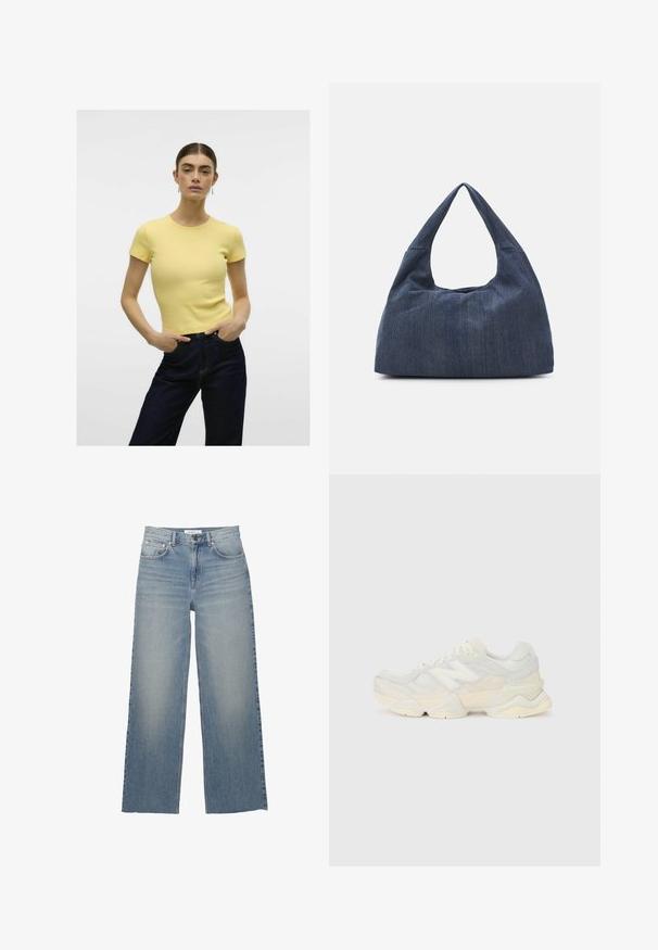 Gelbes geripptes T-Shirt mit kurzen Ärmeln und Rundhalsausschnitt, kombiniert mit dunklen Jeans. Einfaches Design, glatte Textur.; Helle blaue weit geschnittene Jeans aus Denim mit hoher Taille, vorderen Taschen und einem Knopfverschluss. Glatte Textur mit ausgewaschenen Stellen.; Leichte Sneaker mit einem Obermaterial aus Mesh und Wildleder in sanften Cremetönen, einer dicken Sohle und dreidimensionalen Akzenten.; Dunkelblaue Denim-Tasche mit einer weichen, lässigen Form, ausgestattet mit einem Hobo-Stil Griff und einer strukturierten Oberfläche. Keine sichtbaren Hardware-Elemente.