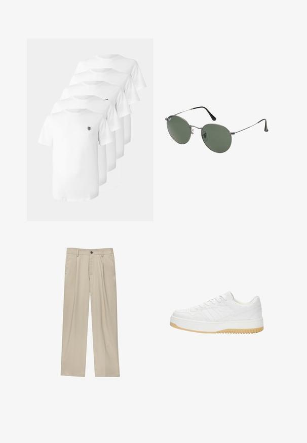 Hvide bomulds T-shirts med rund hals, korte ærmer og et lille sort emblem på brystet. Fem shirts vist i en stakket opstilling.; Beige bukser med lige snit, der har en enkelt sort knap, bæltestropper og sidelommer. Glat stoftekstur og minimalistisk design.; Hvide lædersneakers med struktureret finish, der har en gummisål, snørebåndsdesign og diskrete stribedetaljer på siderne.; Metalrammede solbriller med ovale grønne linser. Tynd sølvmetalramme og sorte ørepropper. Minimalistisk design, ingen synlige logoer.
