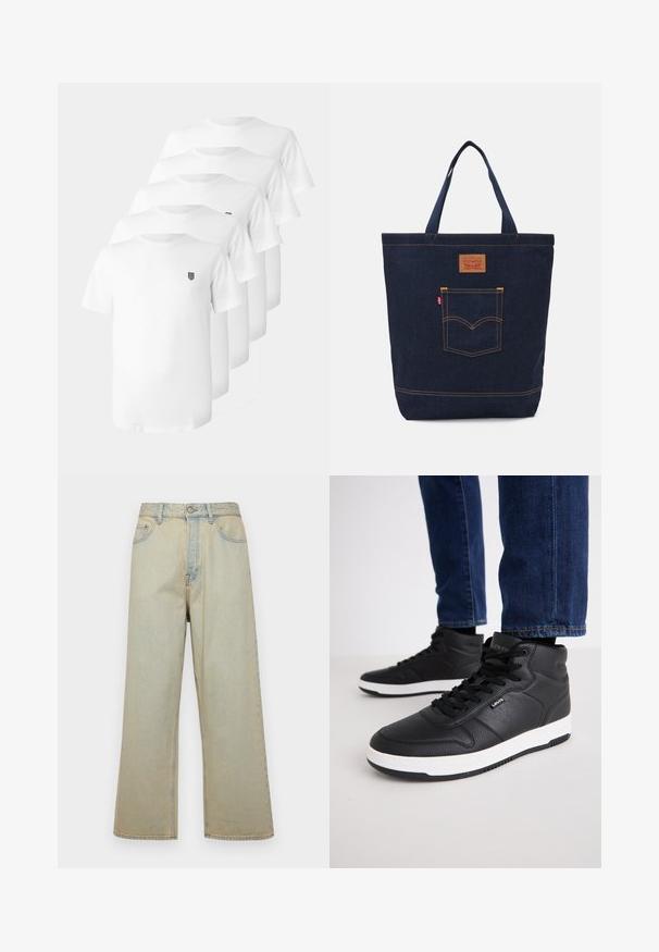 Λευκά βαμβακερά μπλουζάκια με στρογγυλή λαιμόκοψη, κοντά μανίκια και ένα μικρό μαύρο έμβλημα στο στήθος. Πέντε μπλούζες τοποθετημένες σε στοίβα.; Απαλό μπλε φαρδύ τζιν παντελόνι κατασκευασμένο από τζιν με φθαρμένη εμφάνιση. Διαθέτει πέντε τσέπες και κλείσιμο μπροστά με κουμπί.; Μαύρα ψηλά αθλητικά παπούτσια φτιαγμένα από υφασμάτινο δέρμα, με μαύρες κορδόνες, λευκή καουτσούκ σόλα και μικρό λογότυπο στο πλάι.; Σακούλα τζιν σκούρου μπλε χρώματος με δύο λαβές, ορατές ραφές και μπροστινή τσέπη που διαθέτει ένα κλασικό λογότυπο.